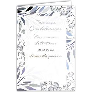 AFIE 64-1078 Oprechte condoleancekaart met witte envelop – overlijden en rouw – begrafenisceremonie – zilveren tekst die glanst bladeren bloemen – gemaakt in Frankrijk