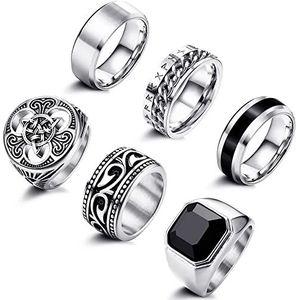 Adramata 6 stuks zegelring heren roestvrij staal Keltische knoop ring vintage biker gothic ringen heren Viking ringen zilver goud zegelringen voor heren, Zilver