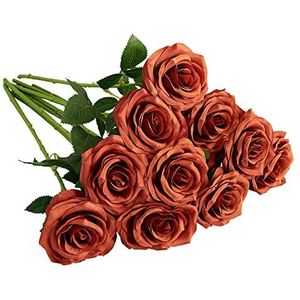 IUKnot 10 stuks kunstrozen voor bruiloftsarrangementen, bruidsboeket, tafelstuk, kunstzijden bloemen (verbrand oranje)