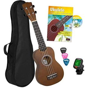 Cascha HH 3956 DE sopraan ukelele bundel met school, stemapparaat, tas, 3 picks en Aquila kwaliteitssnaars Ukelele-set Engels bruin