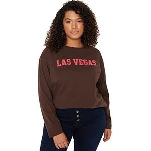 Trendyol Sweat-shirt à manches longues imprimé pour femme Coupe droite Grande taille, marron, XL grande taille