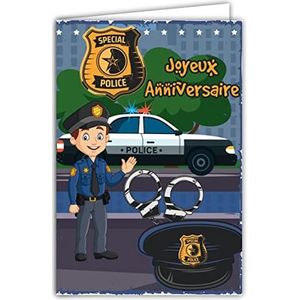 AFIE Kaart Gelukkige Verjaardag – Envelop – Jonge Jongen – Universum Politie Gendarmerie Forces Order Defensie Gerechtigheid Vrede Auto Voertuig – Zwaailichten Handboeien – Gemaakt in Frankrijk