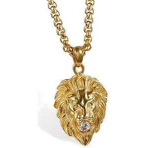 JewelryWe Punk Rocky Halsketting voor heren, roestvrij staal, gothic, diamant, leeuwenkop, hanger, bruin, goud (met geschenkzakje), Kubieke zirkonia