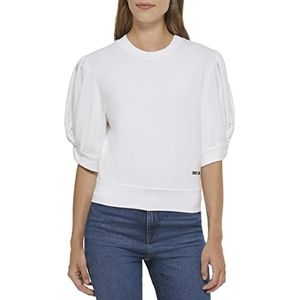 DKNY T-shirt à col rond Micro Terry pour femme avec manches bouffantes, Blanc., S