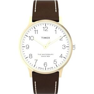 Timex Waterbury TW2W84400 Herenhorloge van bruin leer met snelsluitband, witte wijzerplaat, gouden behuizing, 40 mm, bruin, riem, Bruin, Riem