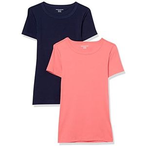 Amazon Essentials Set van 2 T-shirts voor dames met korte mouwen en ronde hals, slim fit, marineblauw/felroze, maat L