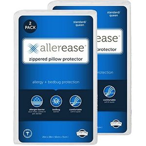 Aller-Ease Maximum Allergy Protector, standaard/queen, set van 2, hypoallergene kussensloop, met ritssluiting, collectie beddengoed en allergenen, wasbaar, 2 stuks, wit