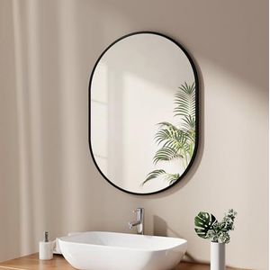 EMKE Badkamerspiegel, 60 x 80 cm, wandspiegel voor badkamer, zwart frame, ovale wandspiegel, horizontaal/verticaal, voor badkamer, hal, woonkamer, slaapkamer, gastentoilet