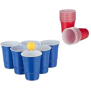 Relaxdays Bierbekerset, Beer Pong set met 6 ballen, 50 glazen, drinkspel, 16 oz, rood/blauw, 10032656, meerkleurig