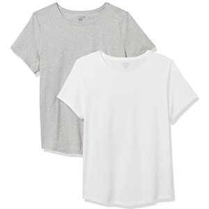 Amazon Essentials Dames T-shirt van 100% katoen in klassieke pasvorm met korte mouwen en ronde hals (verkrijgbaar in grote maten), wit/lichtgrijs gemêleerd, maat L