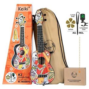 Ortega Guitar Keiki K2-EM sopraanukelele meerkleurig – K2 – starterset met tuner, riem, 5 plectrums en koordtas – Cauri-hout – el Muerto (K2-EM)