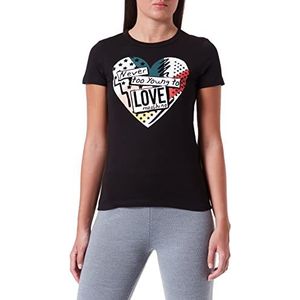 Love Moschino Dames T-shirt met korte mouwen en patchwork print in hartvorm, zwart.