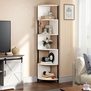 YITAHOME Hoekrek met 6 niveaus, 174,8 cm hoog, moderne zigzaghoekboekenkast, 6 planken, kleine open planken voor woonkamer, thuiskantoor, kleine ruimte, wit