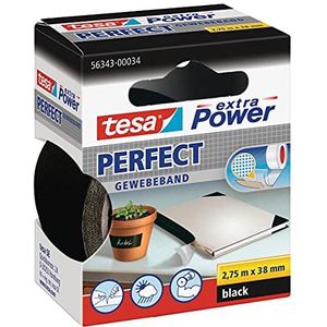 Tesa Extra Power Perfect – plakband van weefsel – reparatieband voor handwerk, bevestiging, versterking en etikettering – zwart – 2,75 m x 38 mm
