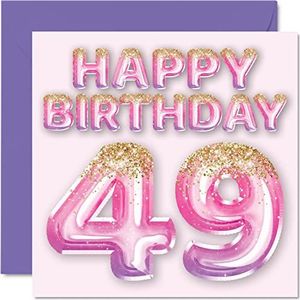 Verjaardagskaart 49e verjaardag voor vrouwen - ballonnen met glitter roze en paars - verjaardagskaarten voor vrouwen, mama, neef, vriendin, zus, tante, 145 mm x 145 mm - wenskaarten 49