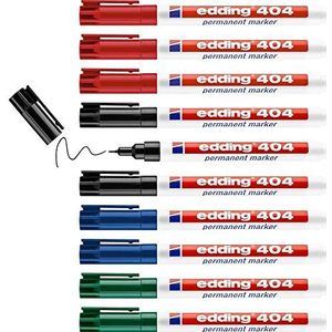 edding 404 permanente markers, zwart, rood, blauw, groen, 10 stiften, ronde punt 0,75 mm, sneldrogend, water- en slijtvast, voor karton, kunststof, hout, metaal, glas