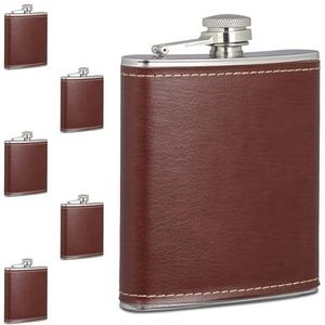 Relaxdays heupfles - set van 6 - kunstleer - rvs - platvink - heupflacon - 200 ml - mini