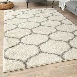 THE RUGS Hoogpolig tapijt - Marokkaans design langpolig tapijt voor woonkamer, slaapkamer, hal, 3 cm dik (rankrooster ivoor/grijs, 80 x 150 cm)