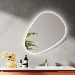EMKE Badkamerspiegel met verlichting, 70 x 50 cm, asymmetrische led-spiegel, aanraakschakelaar, 3 instelbare lichtkleuren, anti-condensspiegel
