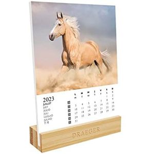 Drager Paris Kalender op sokkel paarden 2023, 12 x 16,5 cm, jaar 2023, 7 talen, tafeldecoratie maandkalender, bamboesokkel, FSC®-gecertificeerd papier, plantaardige inkt