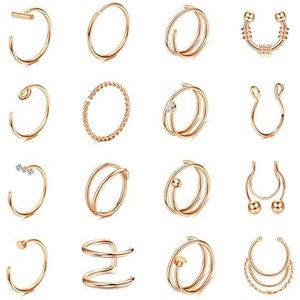 Kakonia 16 stuks 16 g roestvrij stalen neuspiercings voor septum goud nep septum neuspiercings voor helix, kraakbeen, daith, schelp, Roestvrij staal