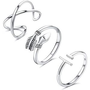 CASSIECA 3 stuks ringen van 925 sterling zilver voor dames, open ring, verstelbaar, x fleche-ring, falanx, ring, knuckle ring, midi-ring, minimalistisch, stapelbaar, zilverkleurig, Zilver