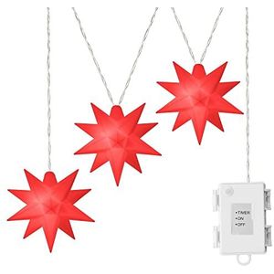 AMARE Set van 3 led-kettingen met rode sterren, diameter van de sterren, 15 cm, kettinglengte 1,5 m (plus 1 m kabel), kleur led warmwit, voor binnen en buiten, timer