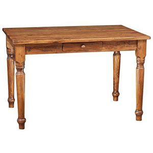 Biscottini Vierkante tafel met lade van massief lindehout, landelijke stijl, shabby-stijl, structuur en blad walnoot, L 120 x D 80 x H 80 cm