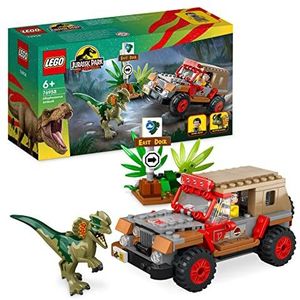 LEGO 76958 Jurassic Park De hinderlaag van de Dilophosaurus, dinosaurus speelgoed en jeepauto voor jongens, meisjes, kinderen vanaf 6 jaar, met dinosaurusfiguur, verzamelspel voor de 30e verjaardag