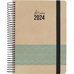 Grafoplás Jaarplanner 2024, 15 x 21 cm, Spaans, dagpagina, model concept blauw, serie natuur, hardcover, omslag van kraftpapier en gerecycled karton, 100% elastische sluiting,