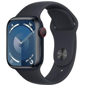 Apple Watch Series 9 (41 mm GPS + mobiel) met aluminium behuizing en middernachtblauwe sportarmband (S/M) track fysieke activiteit en zuurstof in het bloed en ECG, waterbestendig, altijd actief