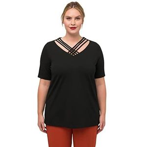 Ulla Popken Dames T-shirt, grote maten, klassiek, V-hals, korte mouwen, 807028, zwart.