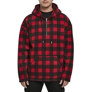 Urban Classics Heren fleece hoodie met halve ritssluiting, Rood geruit