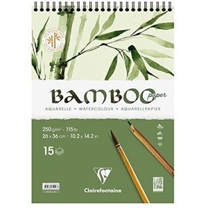 Clairefontaine 975926C Spiraalblok met bamboekop, 15 vellen papier, 100% bamboe, aquarel, wit, 100% veganistisch, fijn gemarkeerde korrel, 26 x 36 cm, 250 g