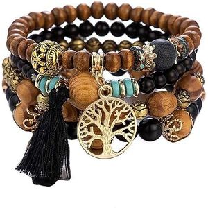 Cubahop Meerlaagse pompon houten parel stapelbare kleurrijke armband fantasiearmbanden levensboom kleurrijke elastische accessoires voor vrouwen en meisjes, Metaal