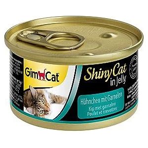 GimCat ShinyCat in jelly-garnalen, kip, nat voer met vlees en taurine voor katten, 24 blikjes (24 x 70 g)