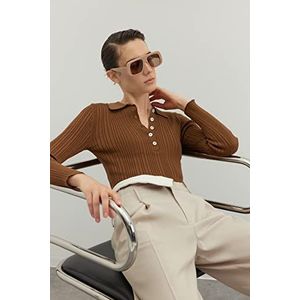 Trendyol Pull basique en tricot à col polo coupe ajustée pour femme, marron, M