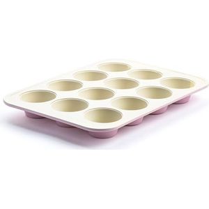 GreenLife Dienblad met 12 muffins en cupcakevormen van antiaanbaklaag, gezond keramiek, PFAS-vrij, gemakkelijk te verwijderen, vaatwasmachinebestendig en vriezer, ovenbestendig tot 230 °C, roze
