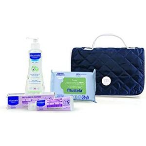 Mustela Vanity set - blauwe babyverschonzak - te gebruiken als comfortabele ziekenhuistas of kinderwagentas. Binnen 3 Mustela producten voor babyverzorging.