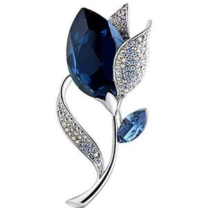 Zilveren stalen sieraden broche bloem witte strass en Oostenrijkse kristal blauw., Roestvrij staal, Roestvrij staal