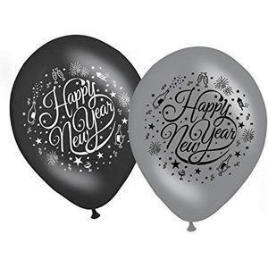 Folat Ballonnen zwart-zilver Happy New Year 30cm-8 stuks, 20425, meerkleurig