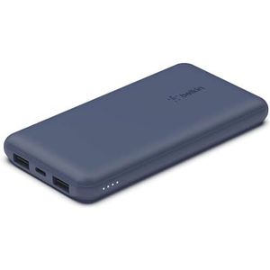 Belkin Externe accu, 10.000 mAh, externe oplader, 1 USB-C-poort en 2 USB-A-poorten, tot 15 W, USB-A naar USB-C-kabel, draagbare batterij, powerbank voor iPhone, Galaxy, Pixel, iPad, blauw