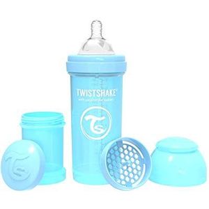 Twistshake Antikrampjes-Babyfles met Melkpoedercontainer en Mixer - 260ml | Medium Flow Siliconen Borst-Achtige tepel | BPA-Vrije fles voor Babymelk | Geschikt voor Baby's Vanaf 2 Maanden | Lichtblauw