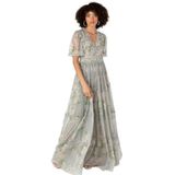 Anaya with Love Maxi-jurk voor dames, V-hals, korte mouwen, ruches, bedrukt, voor bruid, bruiloft, gast, bal, gelegenheid, saliegroen, 52, Bloemen salie groen, 52