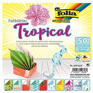 Folia Tropical vouwbaarheid, 15 x 15 cm, 80 g/m², 50 vellen gesorteerd in 10 motieven – ideaal voor prachtige figuren en vormen, 10066139, kleurrijk