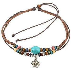 Ancient Tribe Unisex verstelbare choker ketting met hennepkoord, houten kralen en turquoise steen, hout, zonder steen, Hout, Zonder steen