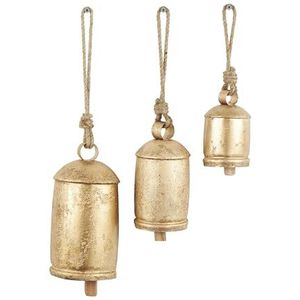 Deco 79 Set van 3 decoratieve klokken van Tibetaans geïnspireerd metaal met jute touw, 25,4 cm, 20,3 cm, 15,2 cm hoog, goud