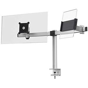Durable Pro monitorhouder voor 1 monitor 21-27 inch en 1 tablet 7-13 inch klem, 360° draaibaar, kantelbaar, in hoogte verstelbaar in zilver