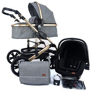 Pixini CALIFORNIA 3 in 1 Wandelwagen, Trio, Kind, Autostoel, Accessoires (Goud/Grijs)