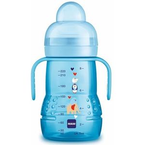 MAM Trainer D114 Drinkbeker voor baby's vanaf 4 maanden, met lekvrije zuignap en extra zachte siliconen mondstuk, handgrepen en beschermdeksel, 220 ml, blauw